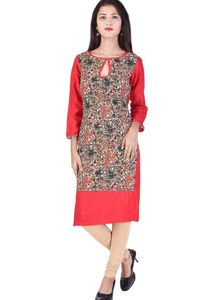 Red Kurti With Flowers Print And Designer Neck
