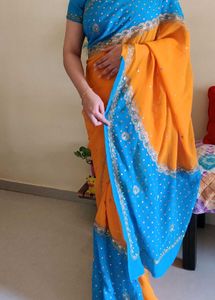 Designer Orange blue heavy work saree
