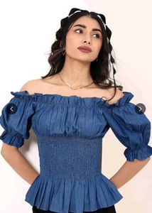 Smocked Off-Shoulder Denim Top