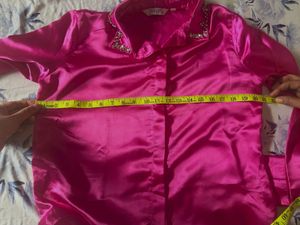 Stone Embellished Satin Pink Shirt