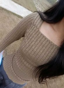 Brown Ribbed Square Neck Long Sleeve Top