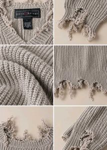 DISTRESSED GREY RIBBED V-NECK CROPPED SWEATER