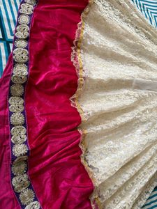 Elegant Cream &amp; Pink Embellished Lehenga