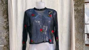I. Sheer Black Floral Embroidered Top