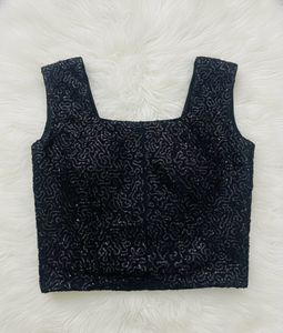 Black Sequin Crop Top White Floral Embroidered