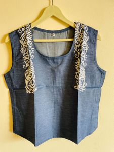 Blue Embroidered Sleeveless Top