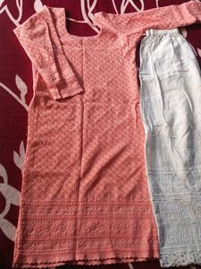 Elegant Peach Chikankari Kurta &amp; Palazzo Set