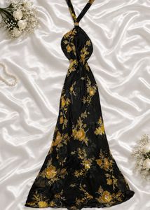 Elegant Black Floral Halter beaded Gown