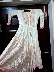 White Embroidery Anarkali dress with Tassels