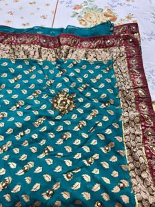 Stunning Teal Saree with Golden &amp; Red Border