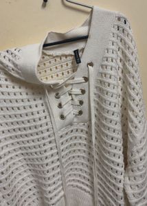 White Lace-Up Knit Sweater