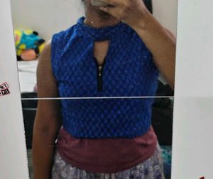 Blue Textured Zip-Up Sleeveless Top