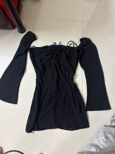 Black Ruched Mini Dress Long Sleeve Mesh Detail