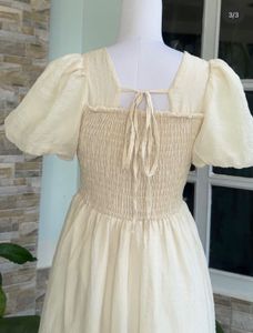 Cream Smocked Puff Sleeve Midi Dress