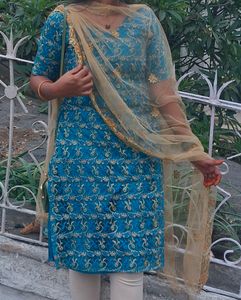 Customized V Neck  Sky Blue Net satin Kurti