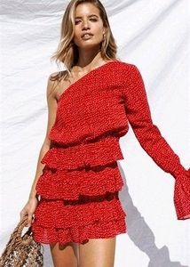 SABO Beautiful One Shoulder Polkadot Dress