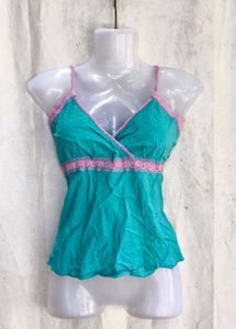 Turquoise Cami Top with Pink Lace Trim