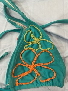 Teal Bikini Top with Floral Embroidery
