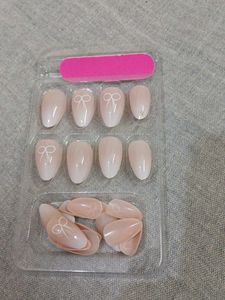 Almond Press-On Nails with Bow Detail