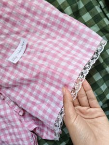 Pink Gingham Pajama Shorts with Lace Trim