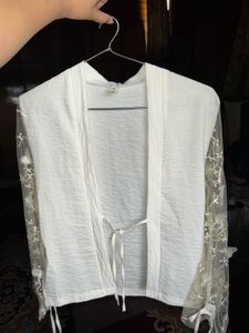 WHITE KIMONO-STYLE TOP with EMBROIDERED SLEEVE