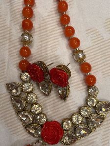 Orange Beaded Necklace with Crystal Pendant