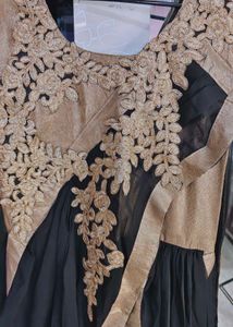 Elegant Black &amp; Gold Ethnic Saree Style Gown