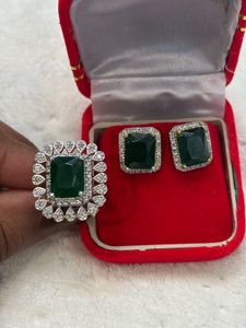 Emerald &amp; Diamond Studs &amp; Ring Set