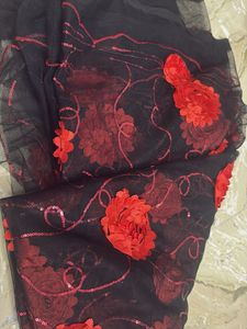 Black Net with Red Floral Sequins fabric