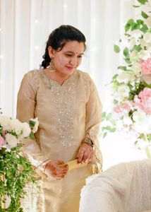 Elegant Beige Kurta Set with Pink Dupatta