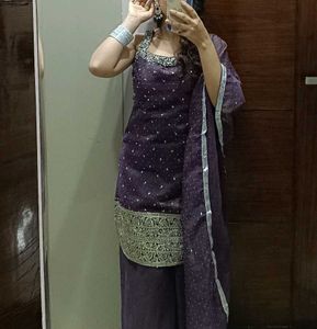 Elegant Dark Purple Kurta Set with Silver Embellis