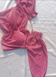 pink glitter Sparkly One-Shoulder crop Top