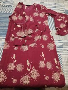 Maroon Floral Print Flared Sleeve Dress