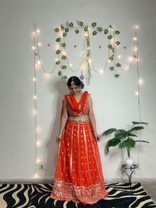 Vibrant Orange Sequin Lehenga Choli(semi stitched)