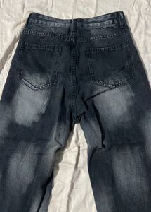 New Distressed Black Denim Wide Leg Jeans