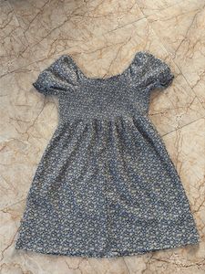 Blue Floral Smocked Puff Sleeve Dress