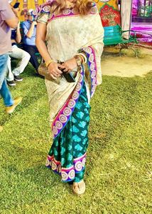 Elegant Cream &amp; Black/Green Saree with Blouse