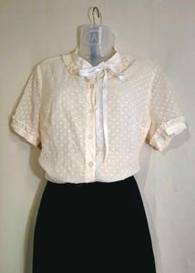 Cream Polka Dot Blouse with Ribbon Tie