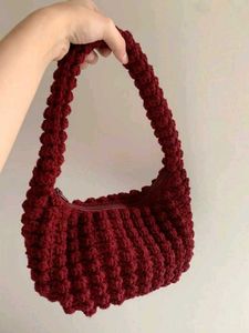 Cream Crochet Hobo Bag with Pink Ribbon