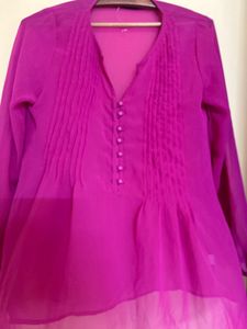 Hot Pink Pleated Button-Up Blouse