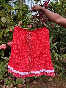Red Floral Mini Skirt with Lace Trim