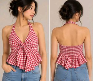 Red Gingham Halter Neck Peplum Top