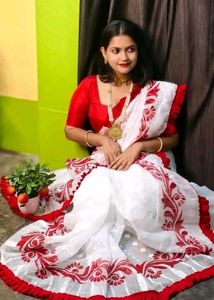 77)Elegant White with Red Lace Border Saree