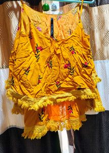 Yellow Printed Kurta Set with Tassels