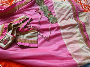 Elegant Pink &amp; Gold Embroidered Saree Blouse Piece