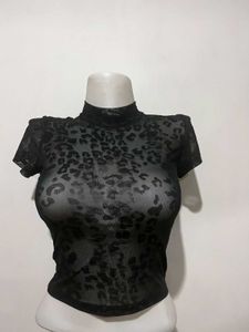 Sheer Leopard Print Mock Neck Top