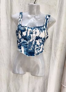 I. Blue &amp; White Botanical Print Crop Top