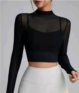 Chic Black Mesh Mock Neck Crop Top