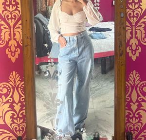 Savana Light Wash Wide Leg Cargo Jeans
