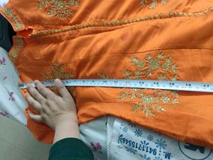 Orange Embroidered Kurta With Skirt